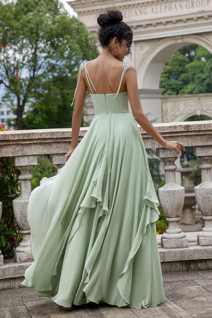 Matcha A Line Spaghetti Straps Long Bridesmaid Dress with Ruffles