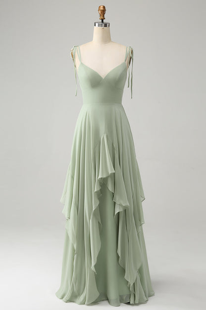 Matcha A-Line Spaghetti Straps Chiffon Bridesmaid Dress with Ruffles