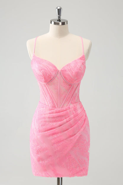 Pink Spaghetti Straps Tight Corset Homecoming Dress with Lace Up Back