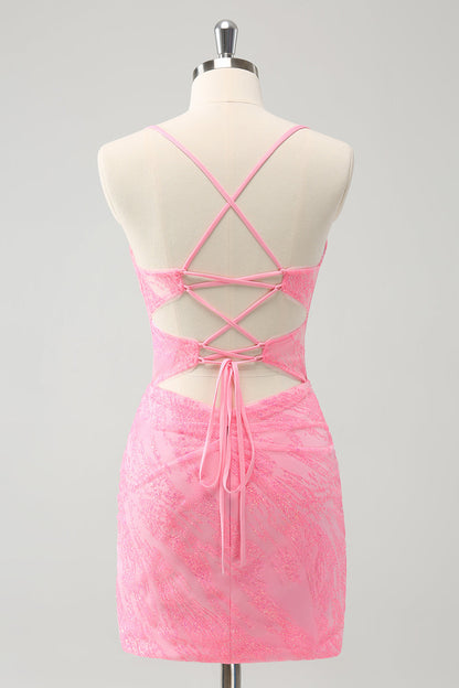 Pink Spaghetti Straps Tight Corset Homecoming Dress with Lace Up Back