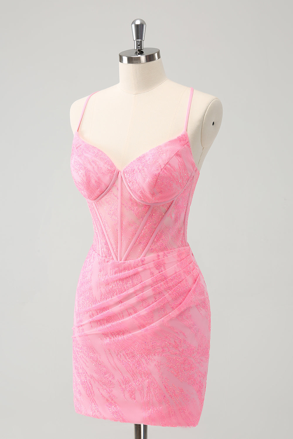 Pink Spaghetti Straps Tight Corset Homecoming Dress with Lace Up Back