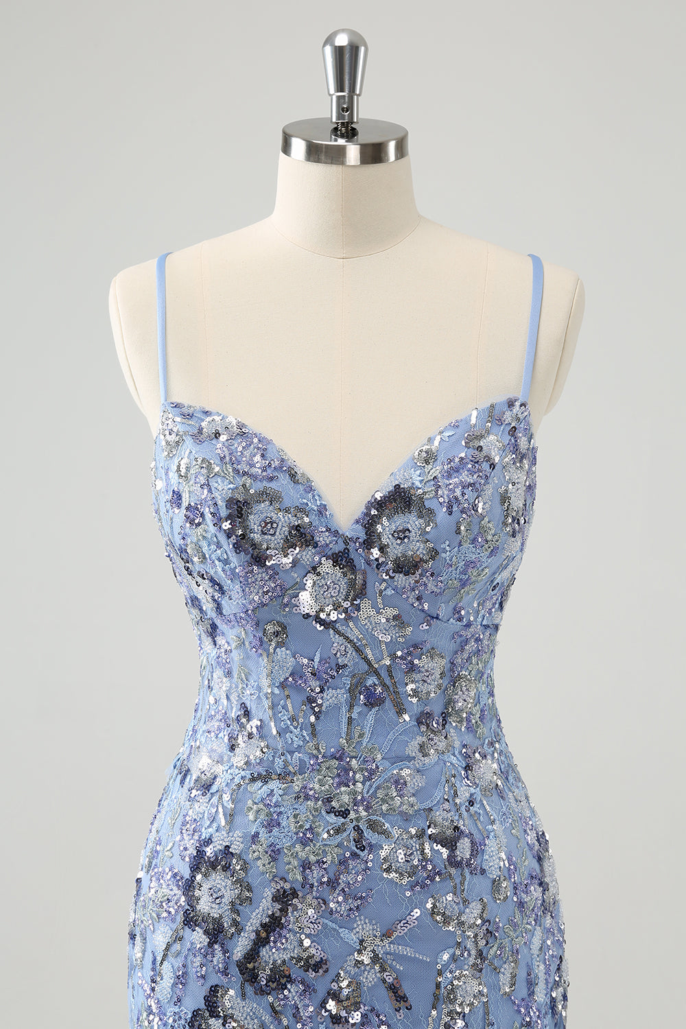 Grey Blue Spaghetti Straps Sequined Tight Homecoming Dress