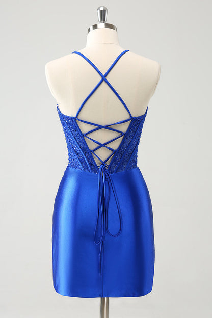 Sparkly Royal Blue Tight Corset Short Homecoming Dress with Lace Up Back