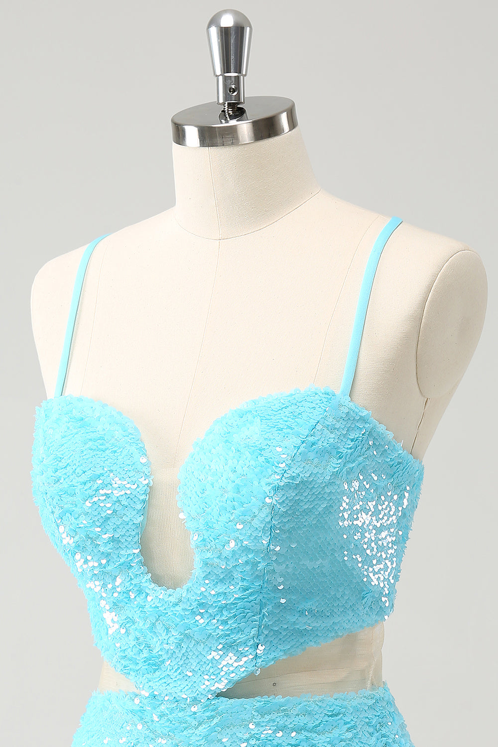 Sparkly Light Blue Spaghetti Straps Sequin Tight Homecoming Dress with Hollow Out