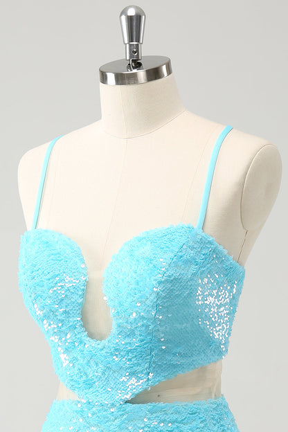 Sparkly Light Blue Spaghetti Straps Sequin Tight Homecoming Dress with Hollow Out