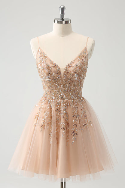 Blush A Line Spaghetti Straps Sequin Tulle Homecoming Dress