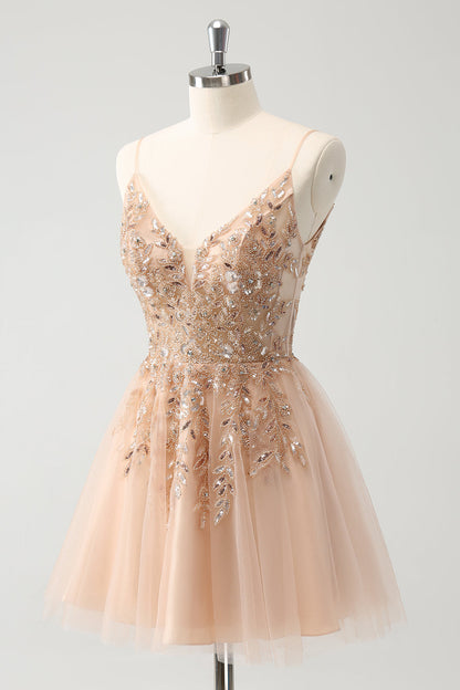 Blush A Line Spaghetti Straps Sequin Tulle Homecoming Dress