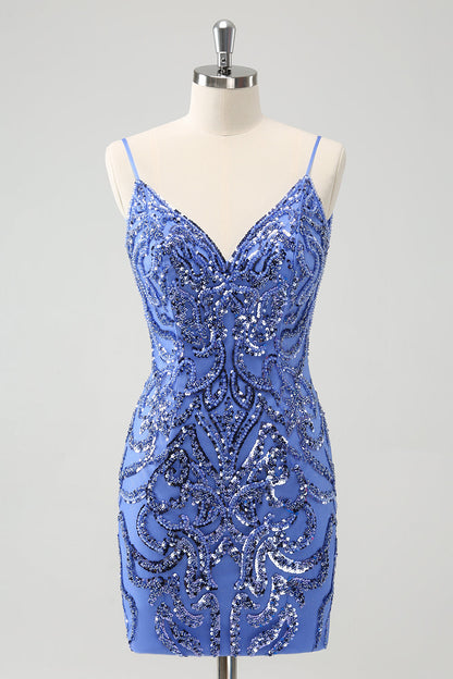 Blue Backless Spaghetti Straps Tight Homecoming Dress with Sequins