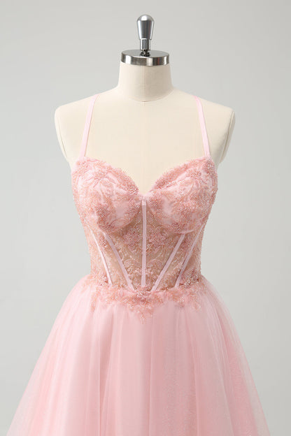 Pink Tulle A-Line Short Homecoming Dress with Beading