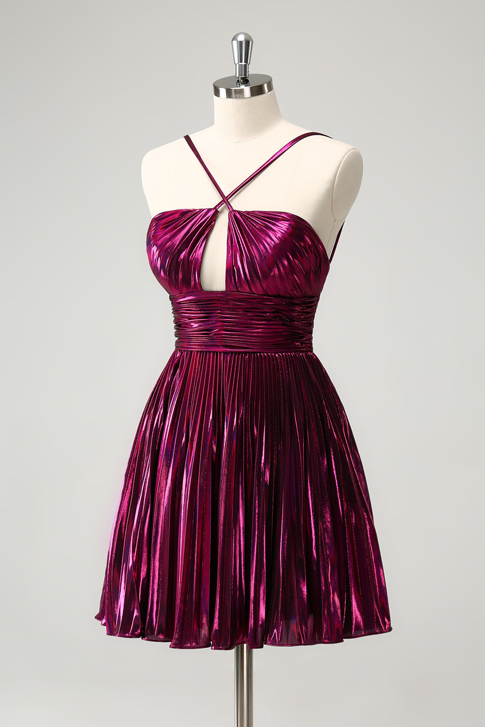 Purple A Line Halter Pleated Short Homecoming Dress With Hollow Out