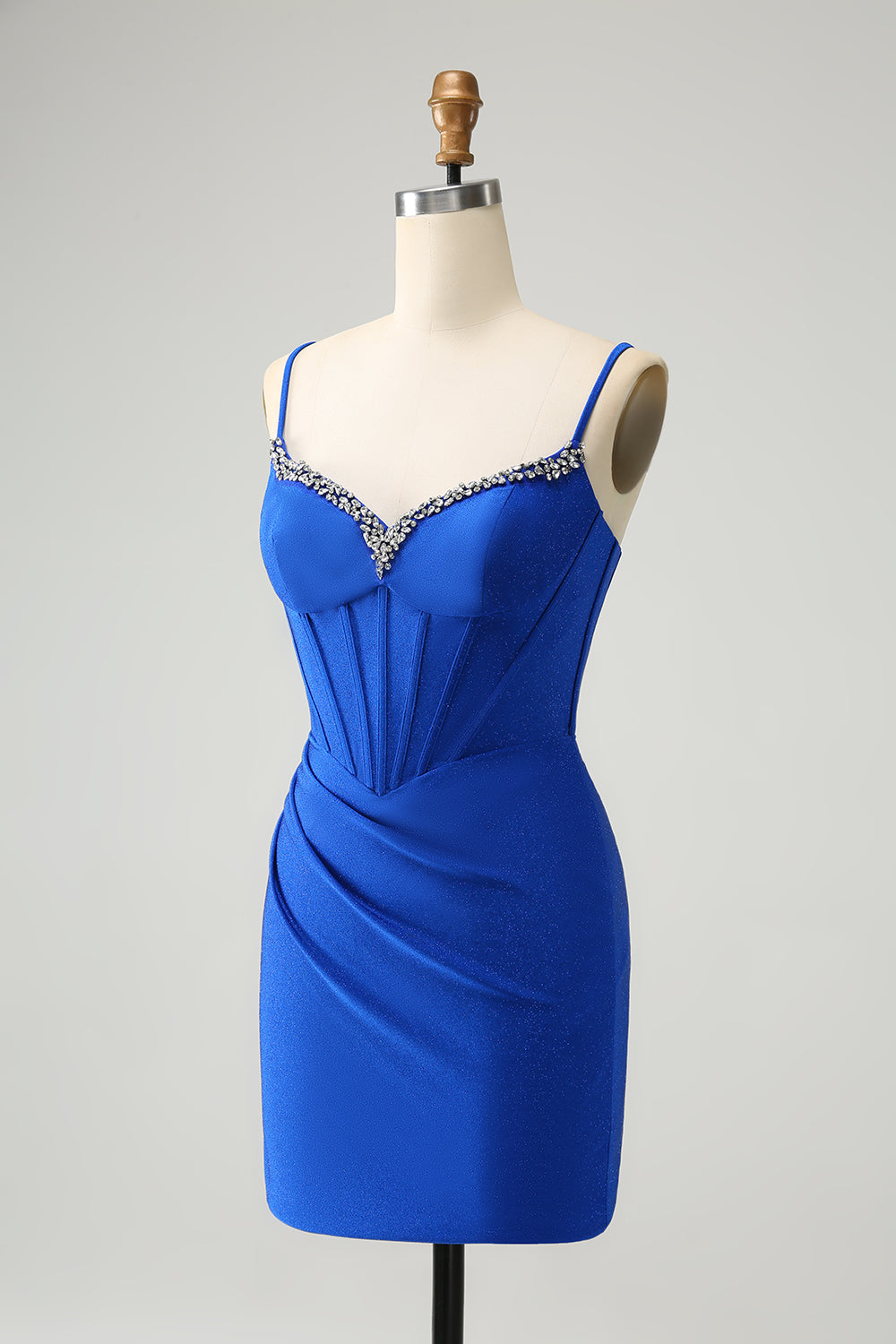 Sparkly Royal Blue Tight Corset Spaghetti Straps Homecoming Dress