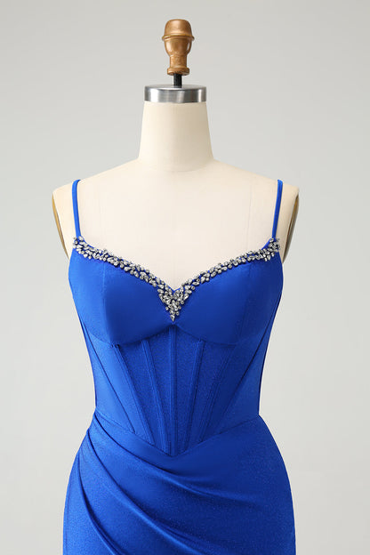 Sparkly Royal Blue Tight Corset Spaghetti Straps Homecoming Dress