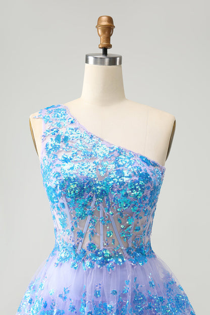 Sparkly Light Blue A-Line One Shoulder Tiered Sequined Homecoming Dress