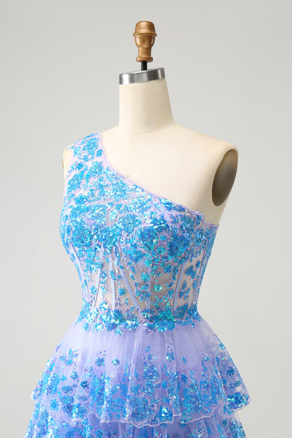 Sparkly Light Blue A-Line One Shoulder Tiered Sequined Homecoming Dress