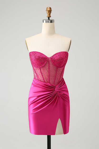 Sparkly Fuchsia Tight Beaded Corset Strapless Homecoming Dress