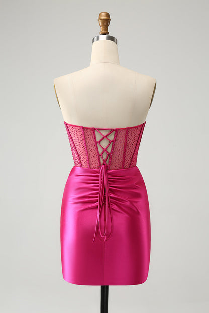 Sparkly Fuchsia Tight Beaded Corset Strapless Homecoming Dress