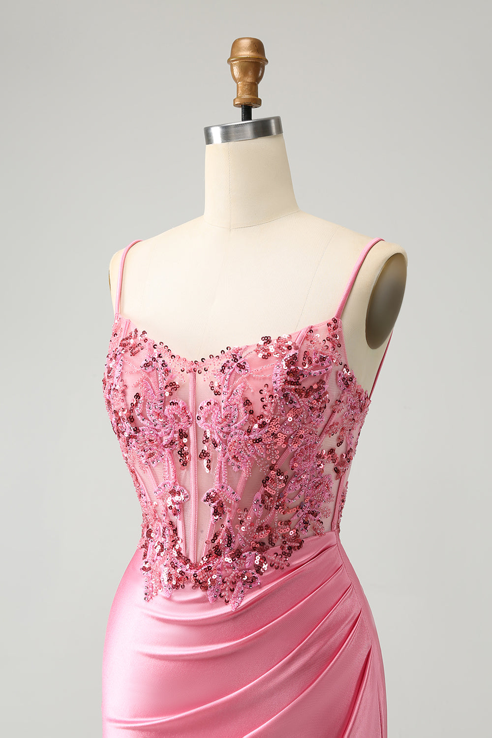 Sparkly Pink Tight Corset Spaghetti Straps Homecoming Dress with Appliques