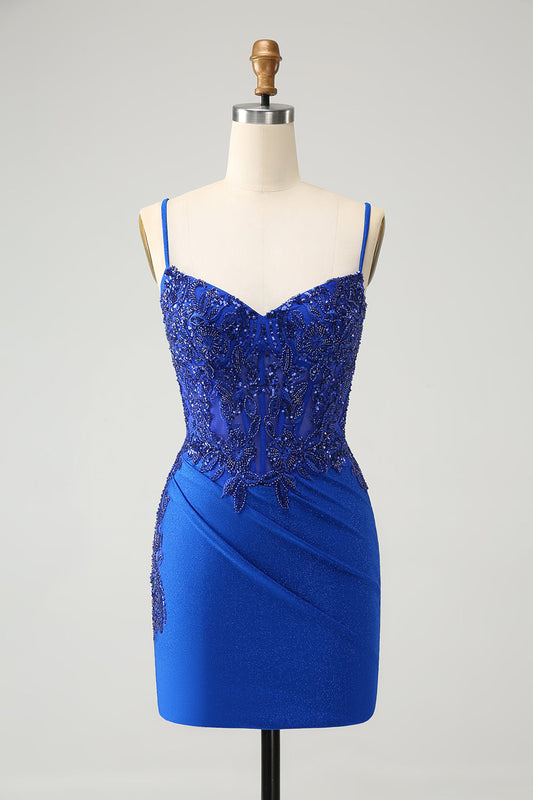 Sparkly Royal Blue Spaghetti Straps Tight Homecoming Dress with Beading