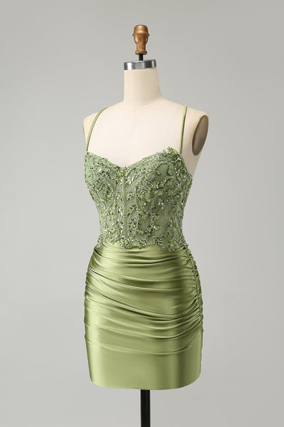 Sparkly Light Green Tight Spaghetti Straps Homecoming Dress with Appliques