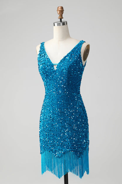 Sparkly Dark Blue Bodycon V Neck Sequin Short Homecoming Dress with Tassel