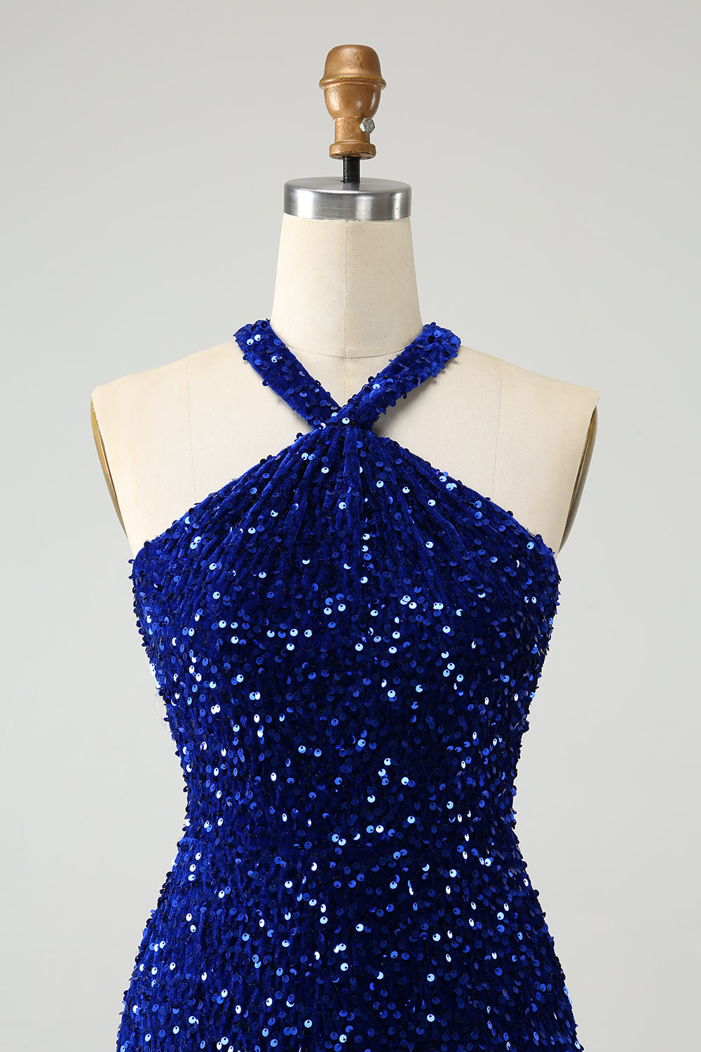 Sparkly Royal Blue Bodycon Halter Sequin Short Homecoming Dress with Tassel