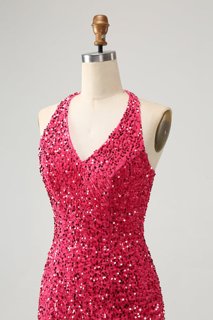 Sparkly Fuchsia Sequins Halter Short Bodycon Homecoming Dress with Tassels