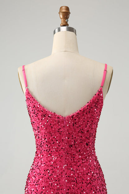 Fuchsia Sequins Spaghetti Straps Short Homecoming Dress with Tassels