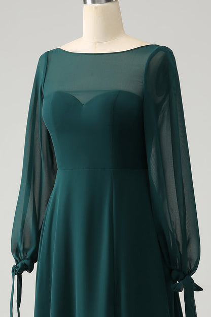 A Line Dark Green Bateau Neck Chiffon Bridesmaid Dress with Slit