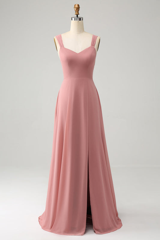 Brick Red A Line Spaghetti Straps Long Bridesmaid Dress with Slit