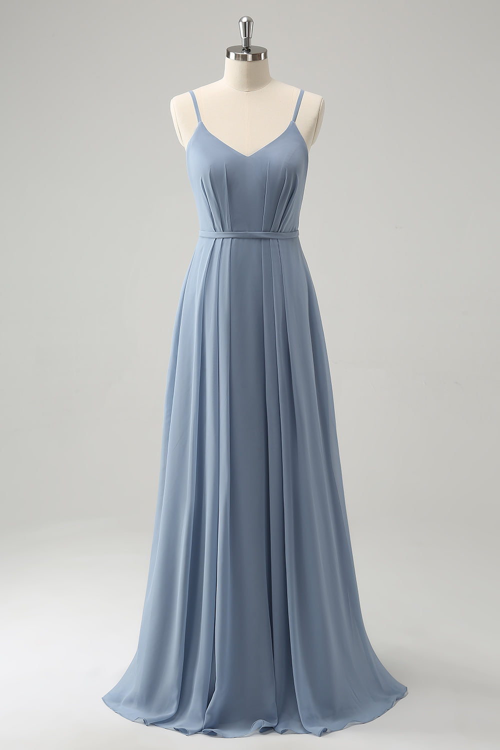 Grey Blue Chiffon Corset A Line Spaghetti Straps Pleated Long Bridesmaid Dress