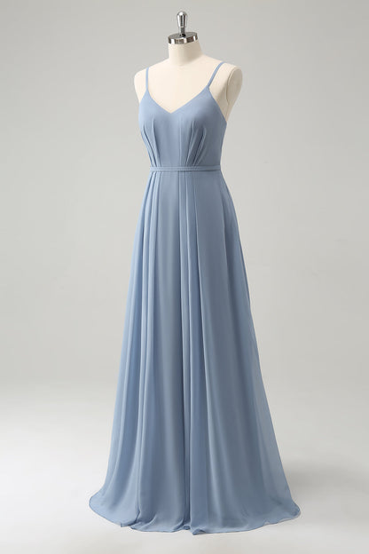 Grey Blue Chiffon Corset A Line Spaghetti Straps Pleated Long Bridesmaid Dress