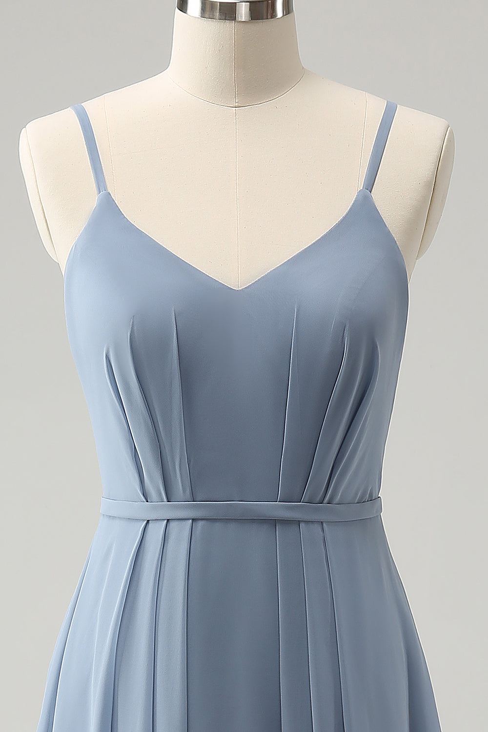 Grey Blue Chiffon Corset A Line Spaghetti Straps Pleated Long Bridesmaid Dress