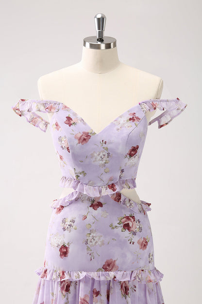 Grey Purple A-Line Off the Shoulder Floral Bridesmaid Dress