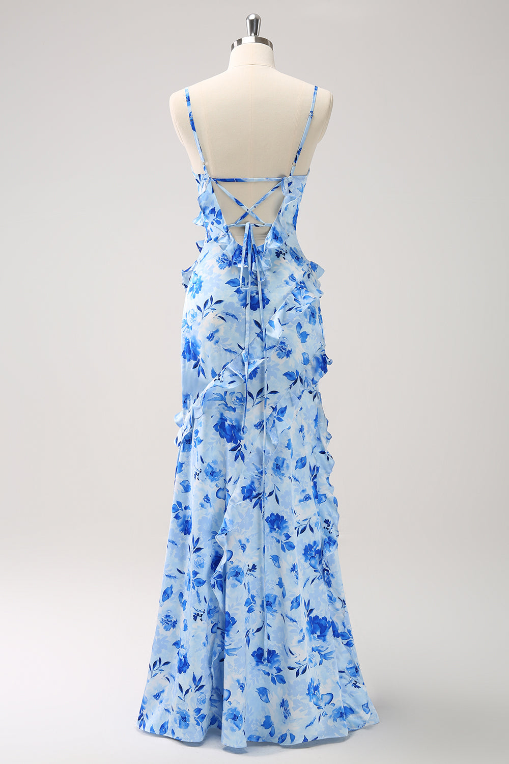 Blue Ruffled Floral Bridesmaid Dress with Slit