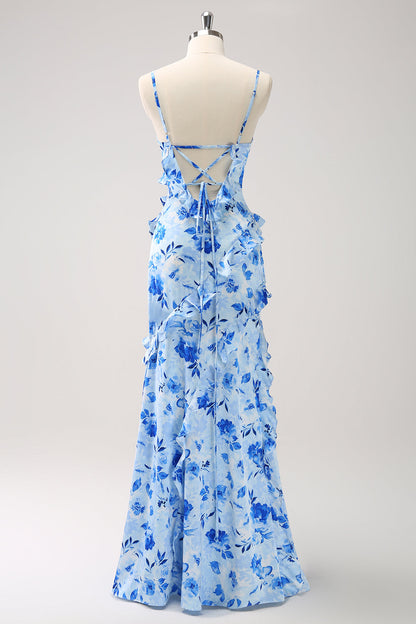 Blue Ruffled Floral Bridesmaid Dress with Slit