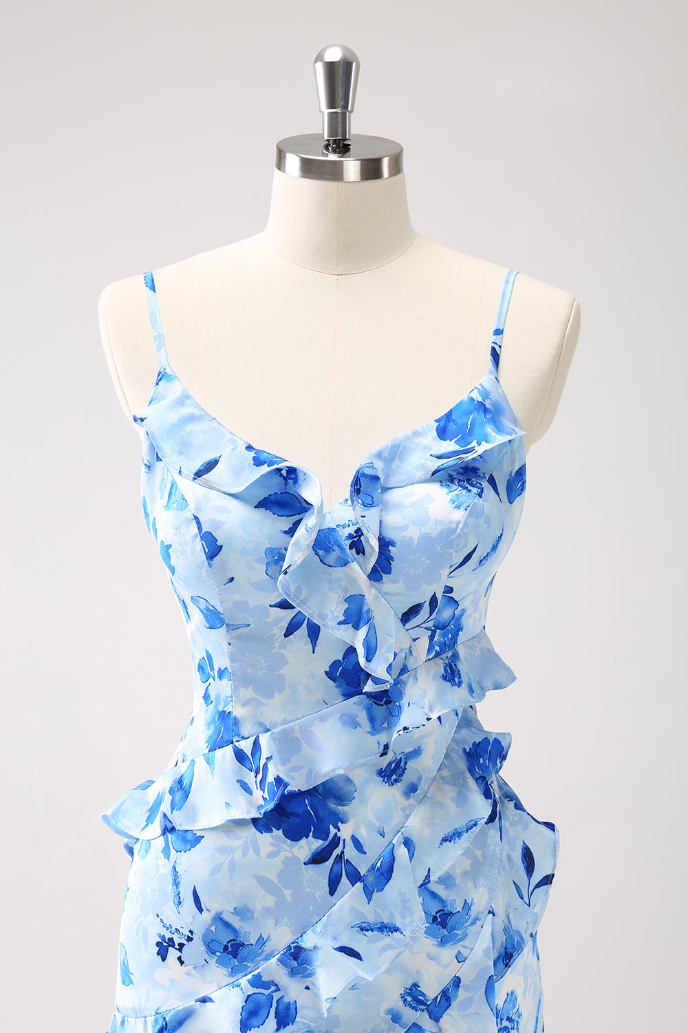 Blue Ruffled Floral Bridesmaid Dress with Slit