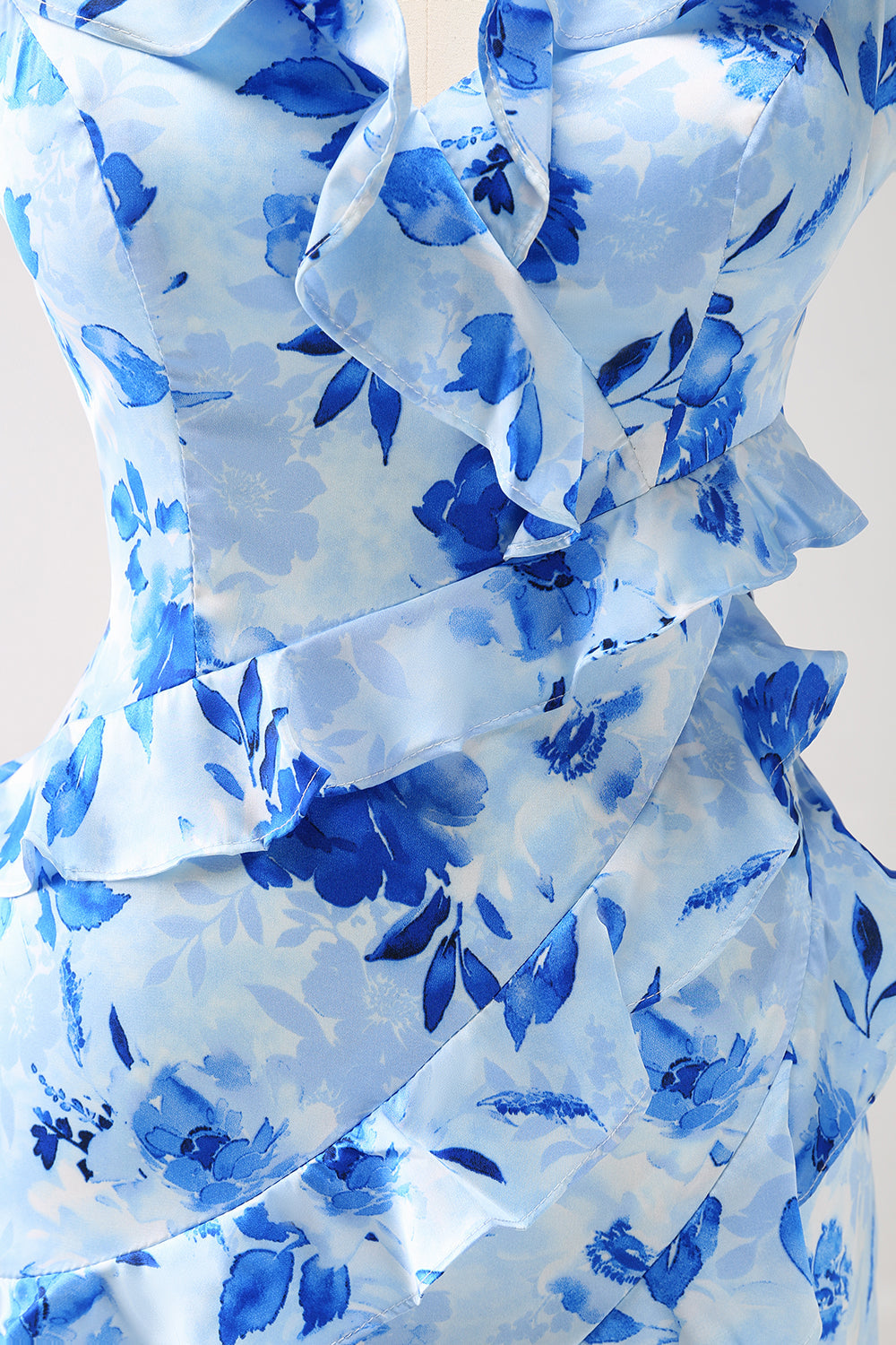 Blue Ruffled Floral Bridesmaid Dress with Slit