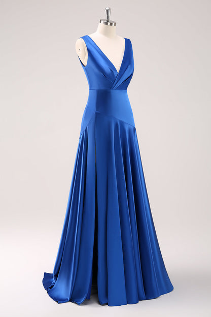 Ink Blue V-Neck Satin Bridesmaid Dress with Slit