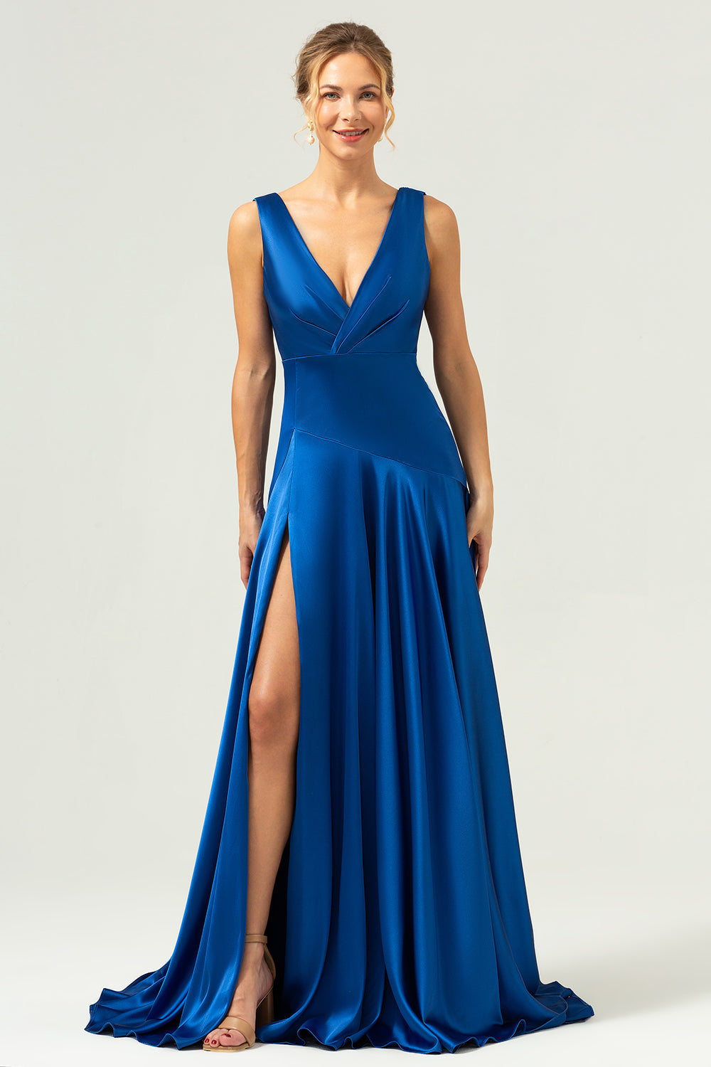 Ink Blue A Line V-Neck Satin Long Bridesmaid Dress with Slit