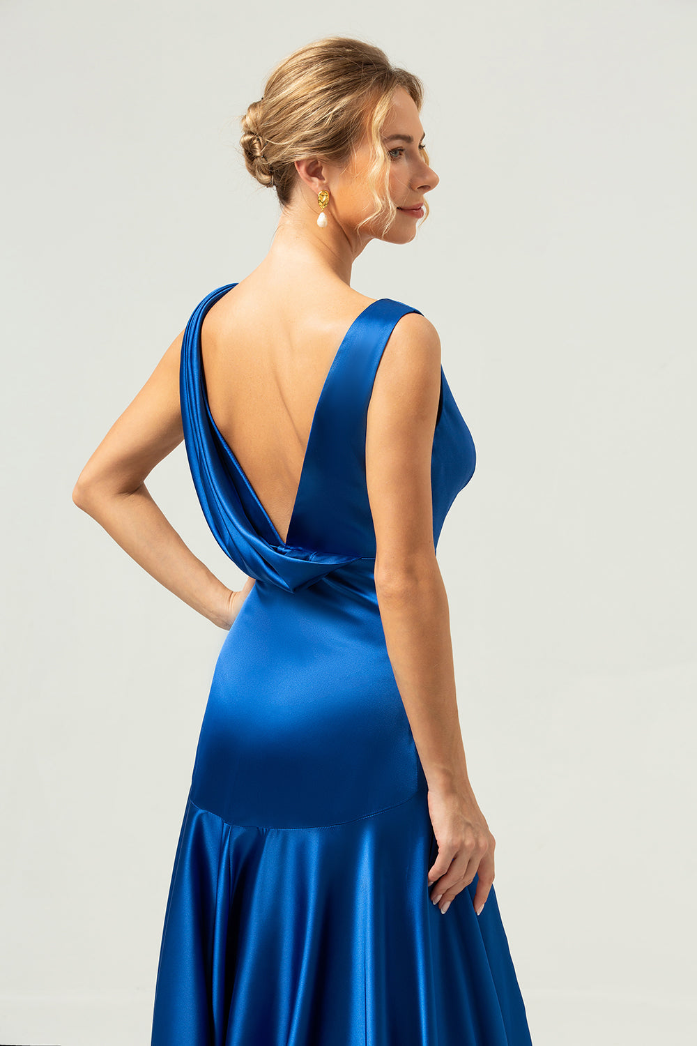 Ink Blue A Line V-Neck Satin Long Bridesmaid Dress with Slit