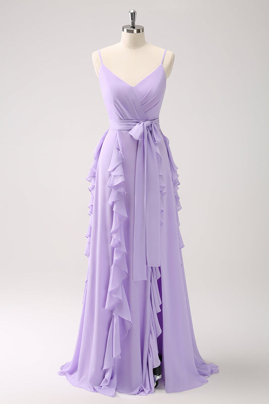 Lilac A-Line Chiffon Ruffled Bridesmaid Dress with Slit