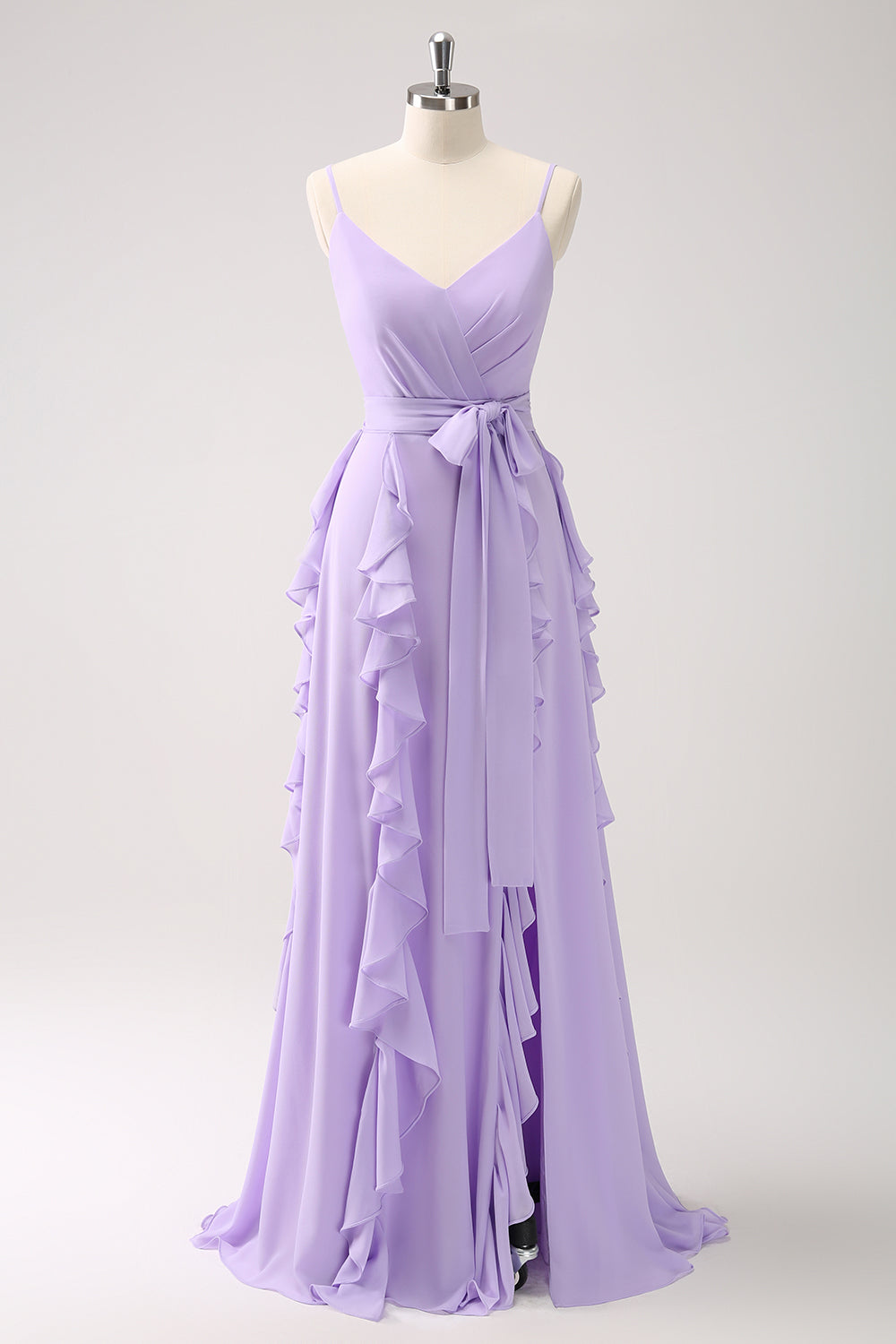 Lilac Spaghetti Straps A-Line Chiffon Ruffled Bridesmaid Dress with Slit