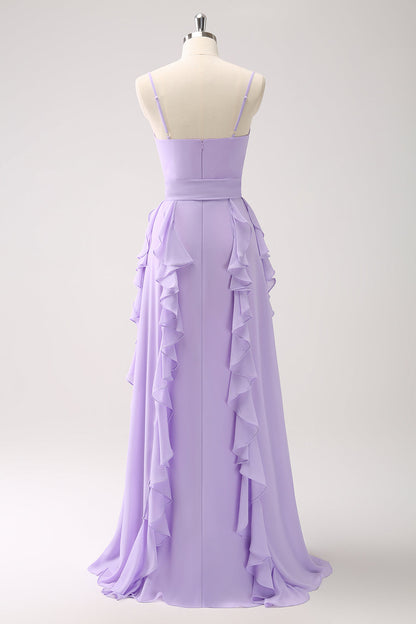 Lilac Spaghetti Straps A-Line Chiffon Ruffled Bridesmaid Dress with Slit