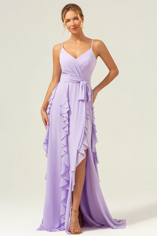 Lilac Spaghetti Straps A-Line Chiffon Ruffled Bridesmaid Dress with Slit