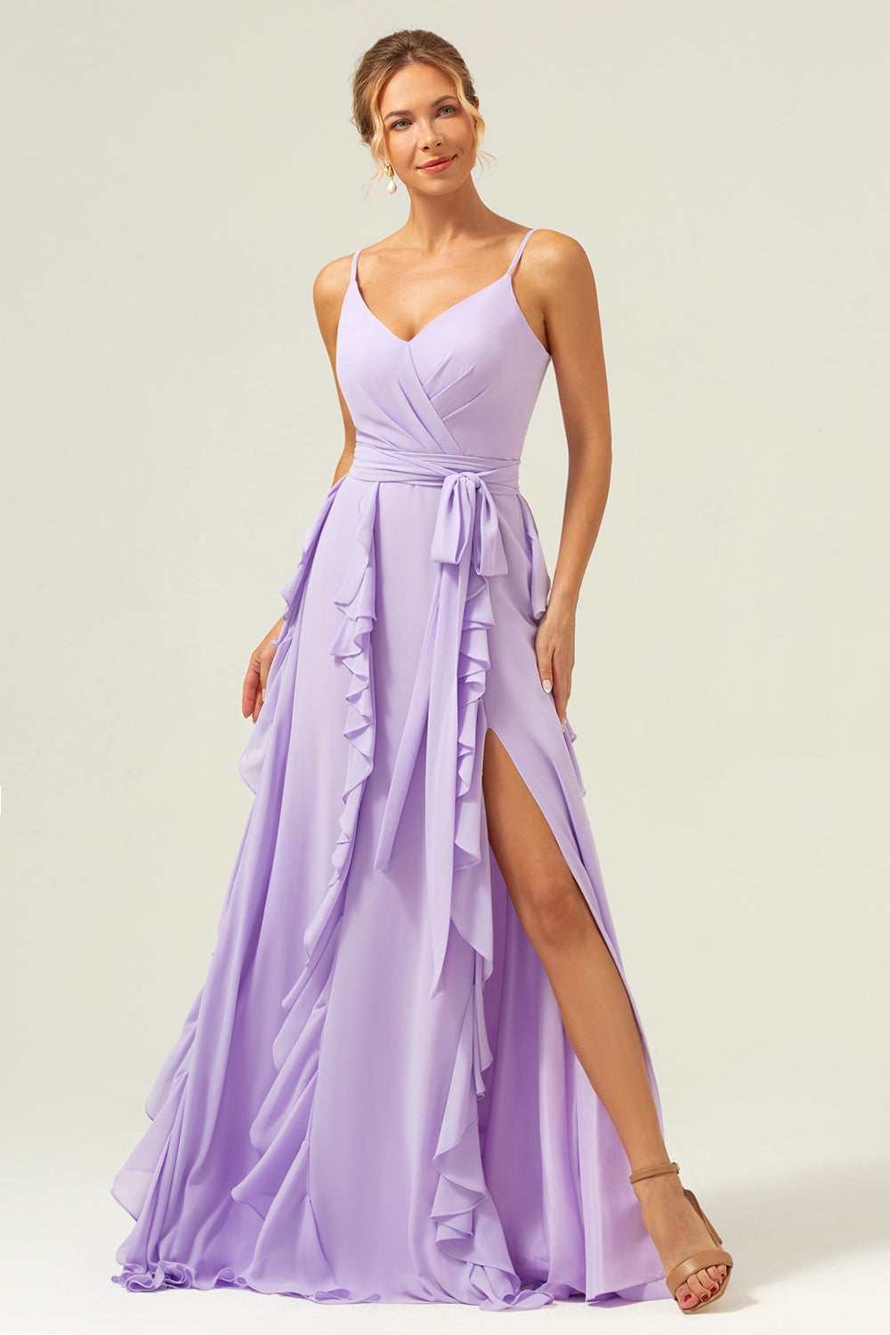 Lilac Spaghetti Straps A-Line Chiffon Ruffled Bridesmaid Dress with Slit