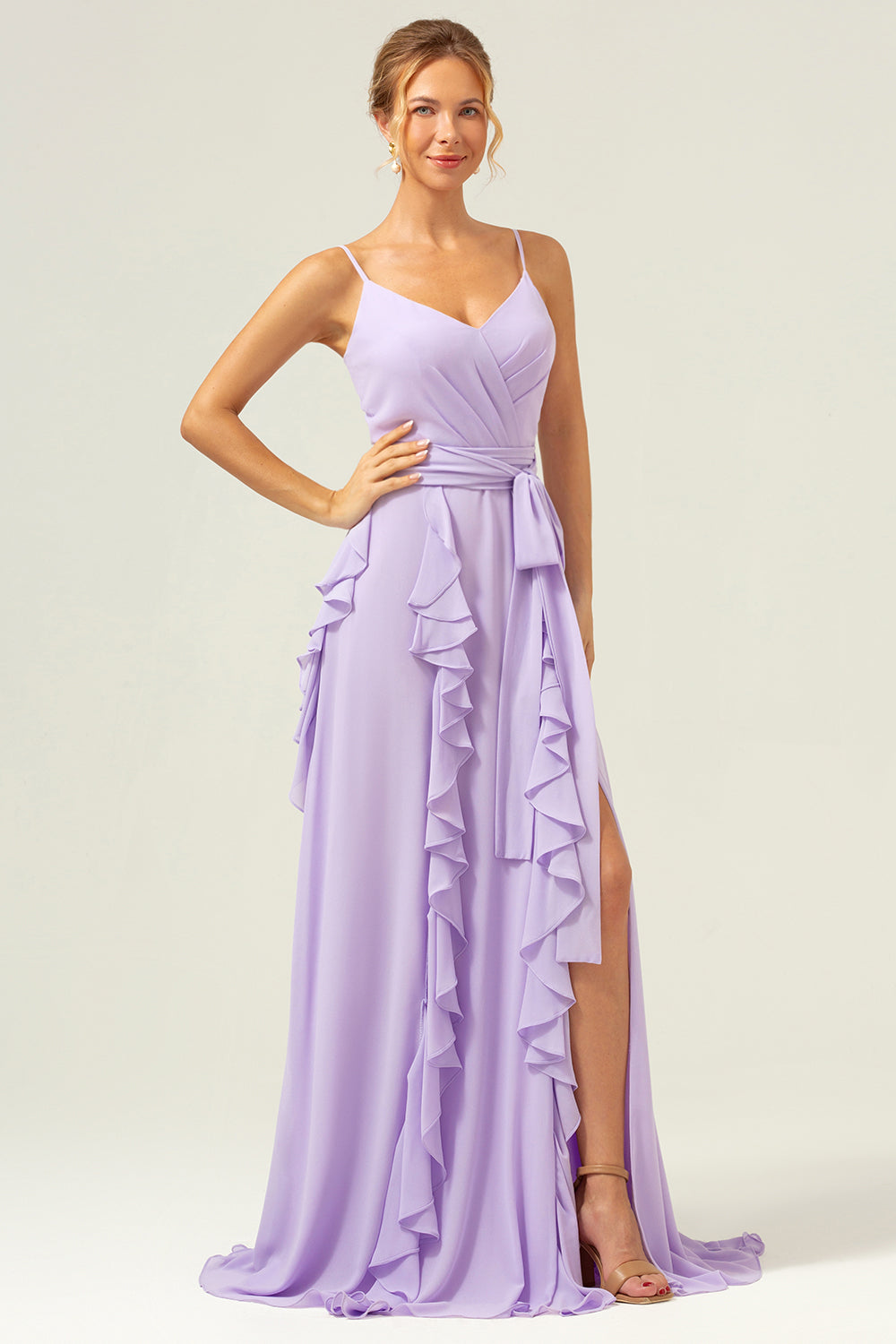 Lilac Spaghetti Straps A-Line Chiffon Ruffled Bridesmaid Dress with Slit