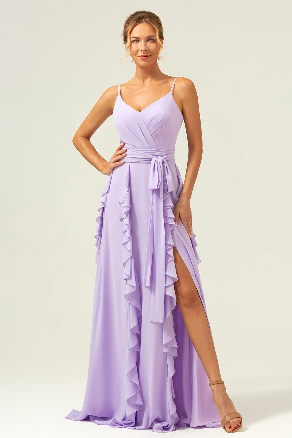 Lilac Spaghetti Straps A-Line Chiffon Ruffled Bridesmaid Dress with Slit