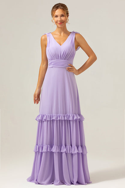 Lilac Chiffon A-Line Ruched Long Bridesmaid Dress with Ruffles