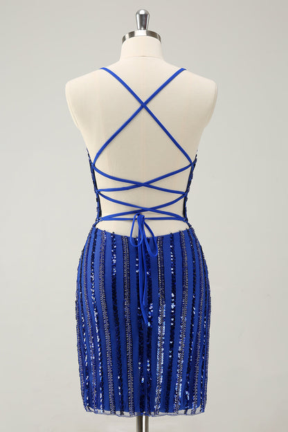 Sparkly Royal Blue Tight Sequined Spaghetti Straps Homecoming Dress