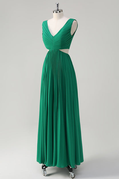 Green A-Line V Neck Ruched Chiffon Knee Length Bridesmaid Dress